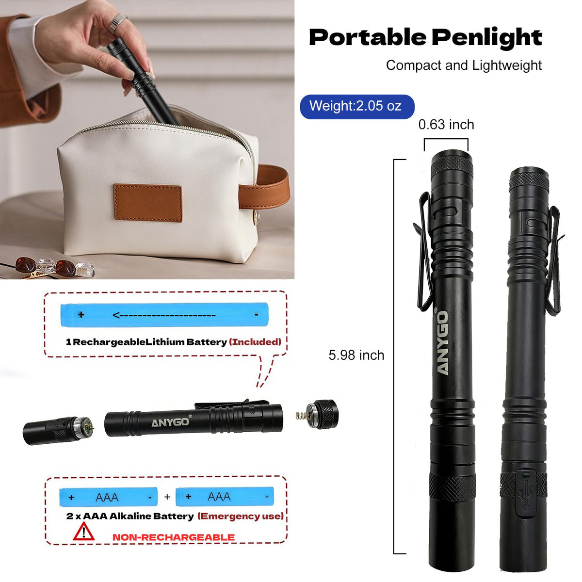 ANYGO IP65 durable pen light protects against dust and rain during work.