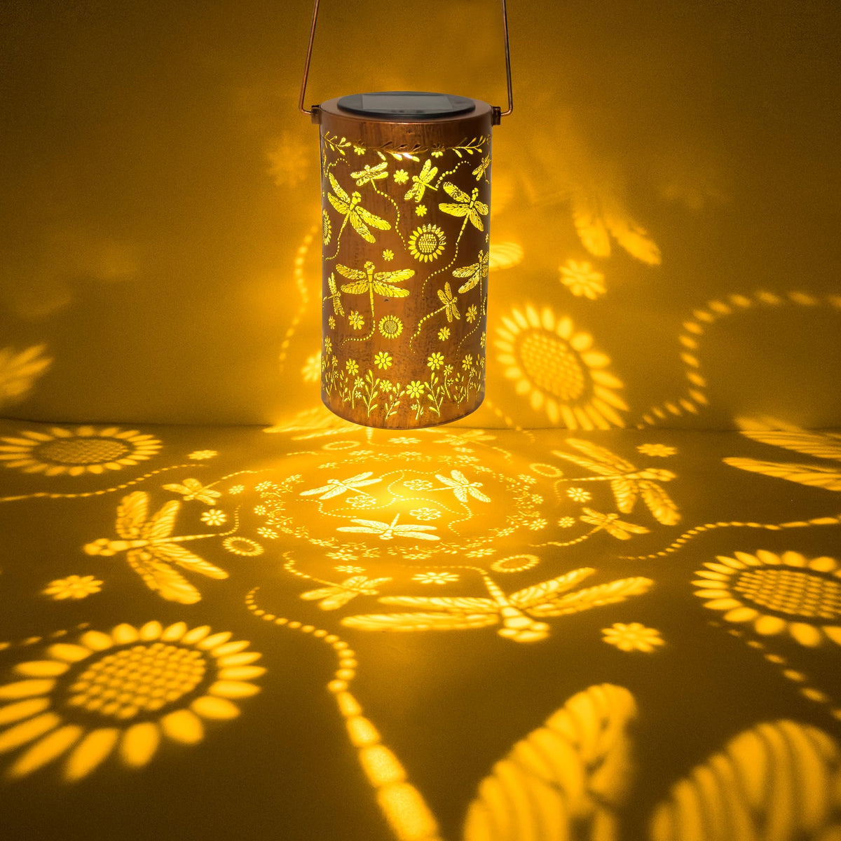 ANYTALK Dragonfly Flower lantern on a pergola creates mesmerizing shadows