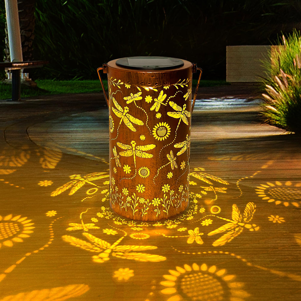 ANYTALK Dragonfly Flower lantern casts warm wall patterns for cozy outdoor evenings