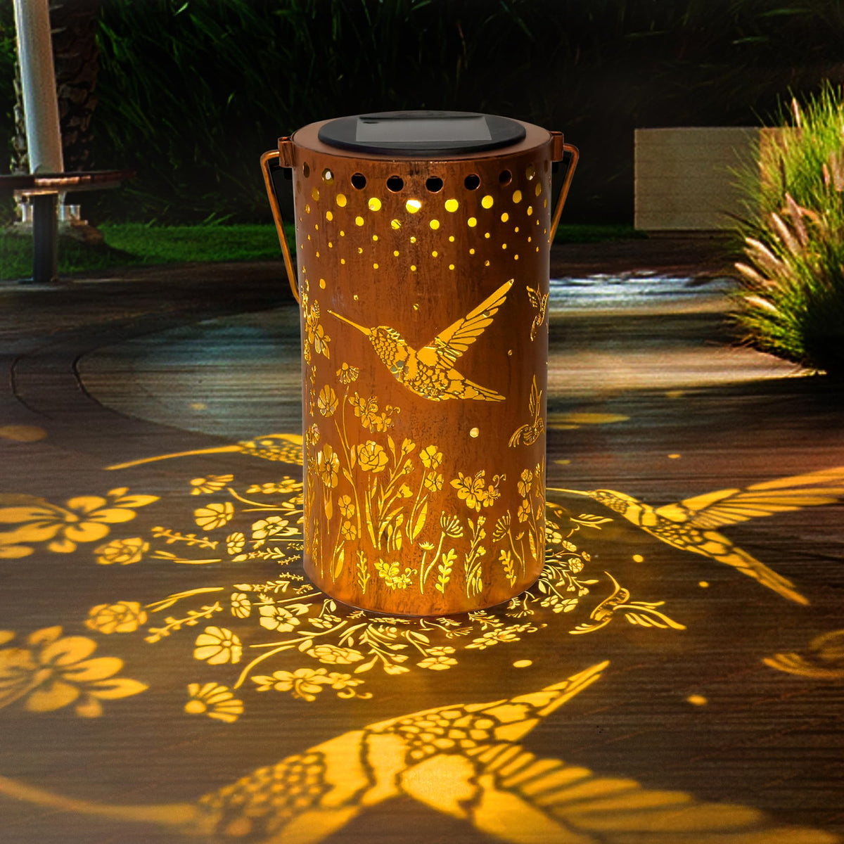 ANYTALK hummingbird solar lantern wall pattern illuminates outdoor walls with warm decorative light.