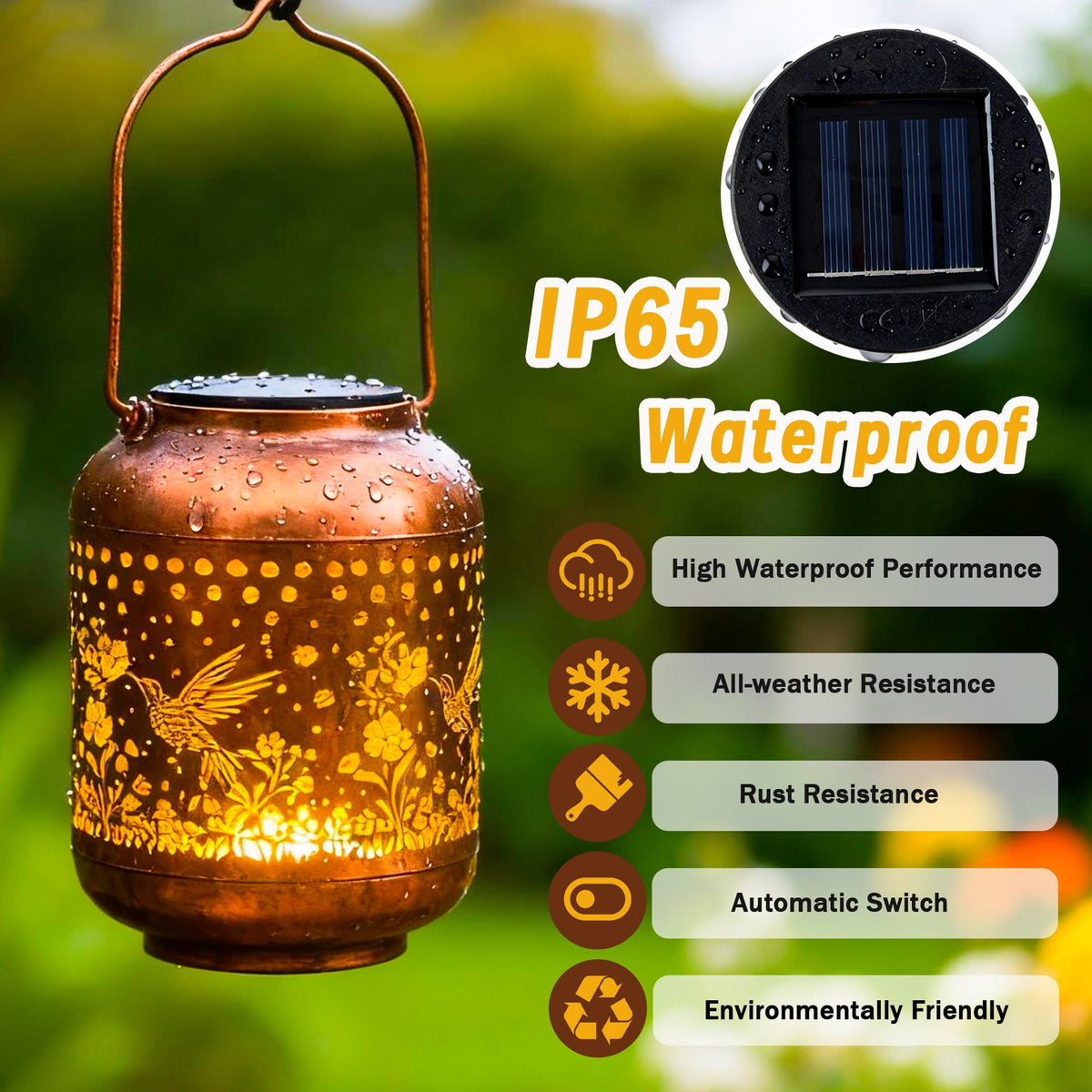 ANYTALK IP65 waterproof solar lantern withstands rain for year-round outdoor lighting.