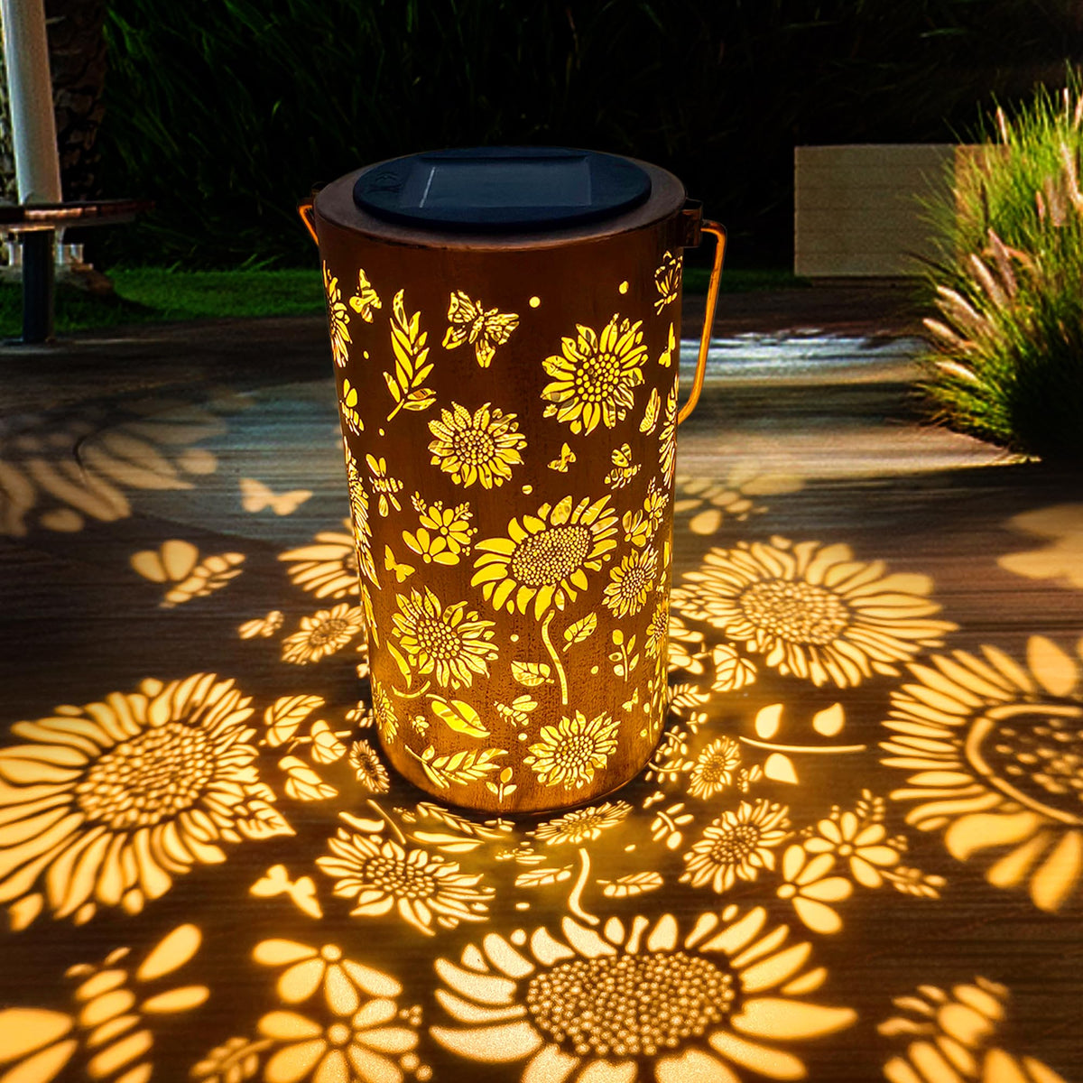 AnyTalk sunflower lantern pattern casts warm light on a wall at dusk.