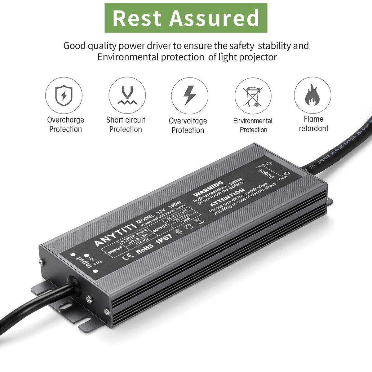 ANYTITI LED Driver DC12V output delivers steady lighting supply.