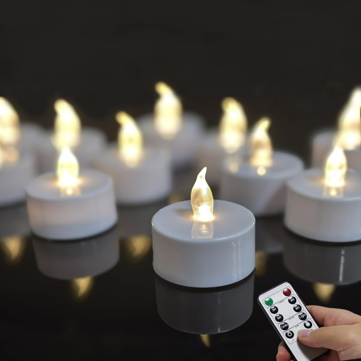 Anziner remote flameless tea light with remote control for easy placement and ambiance.
