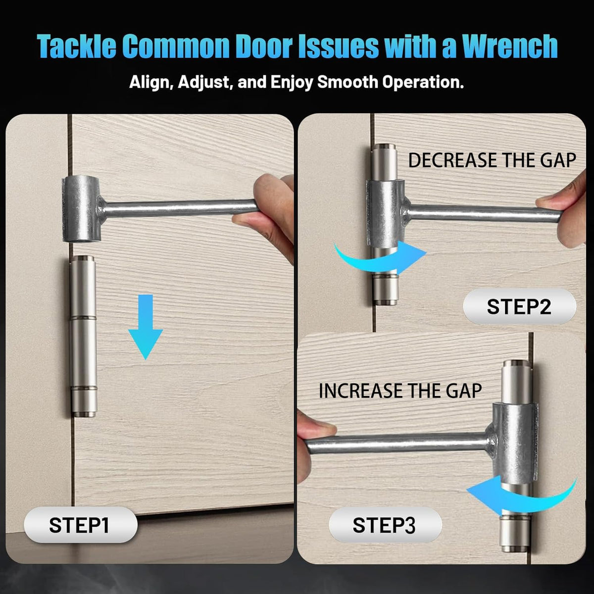 ANZRON flag hinge wrench in use for level door alignment.