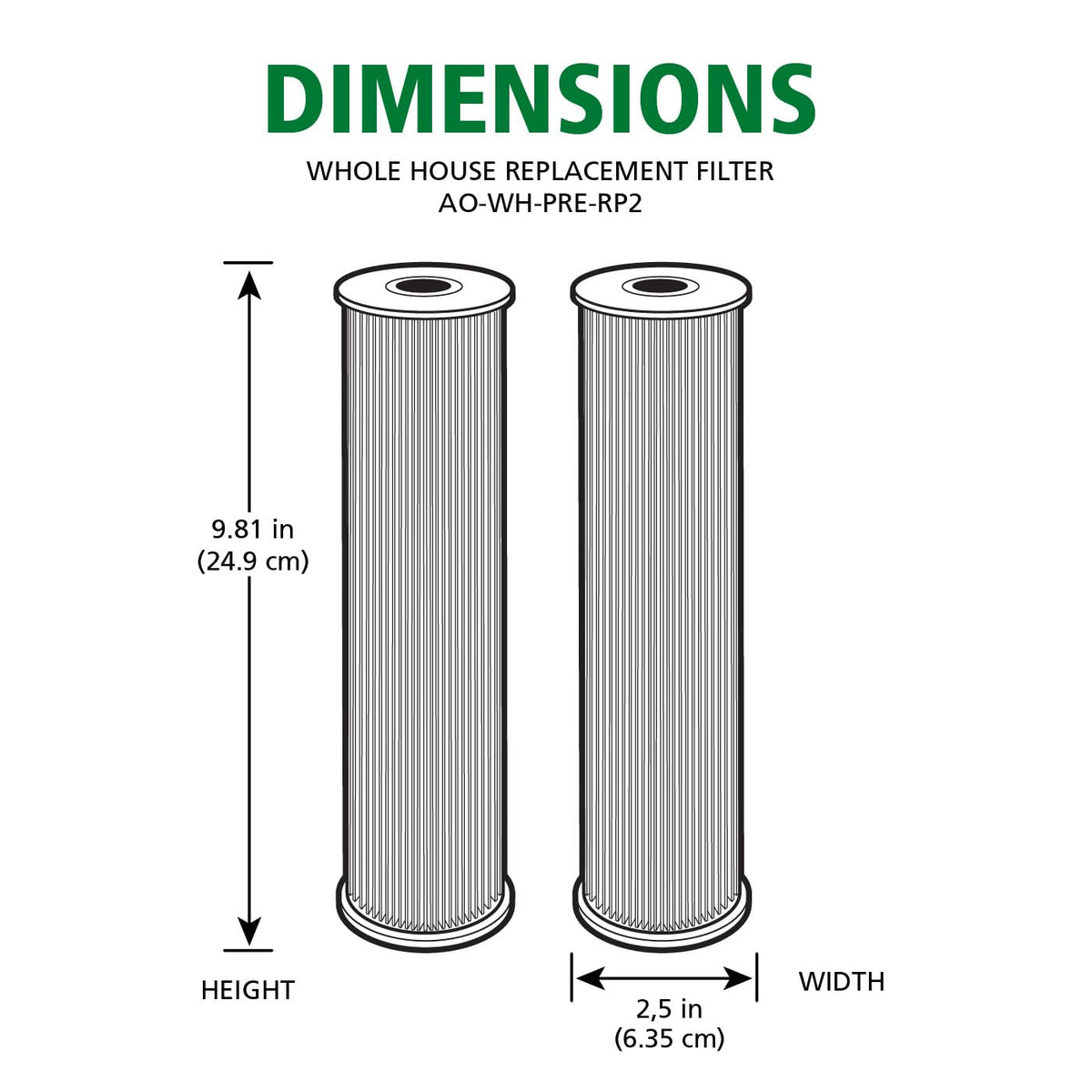 AO Smith 2-pack replacement filter label showing AO-WH-PRE-RP2 compatibility