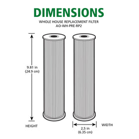 AO Smith 2-pack replacement filter label showing AO-WH-PRE-RP2 compatibility