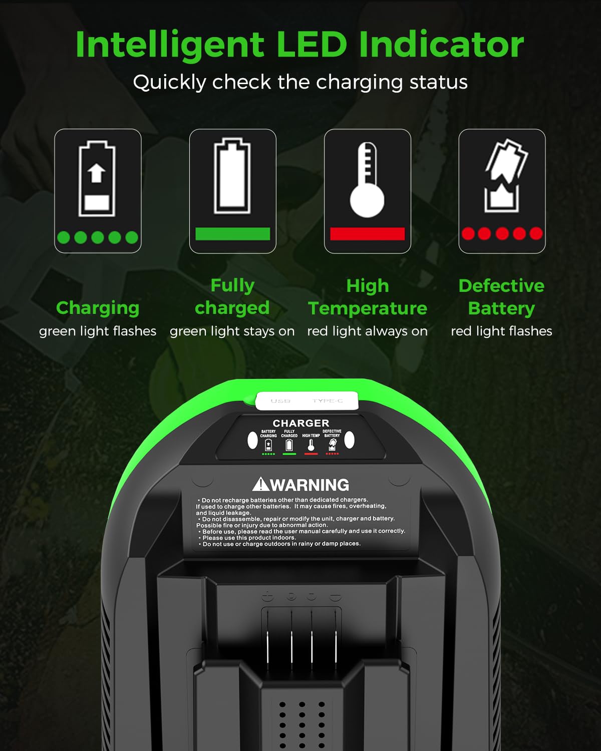 Aoasur EGO 56V charger compact design fits in small workspaces.
