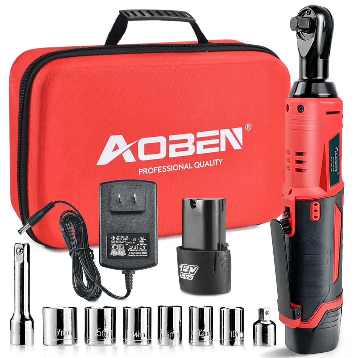 AOBEN 12V cordless ratchet wrench with 3/8 drive for fast bolt work.