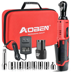 AOBEN 12V cordless ratchet wrench with 3/8 drive for fast bolt work.