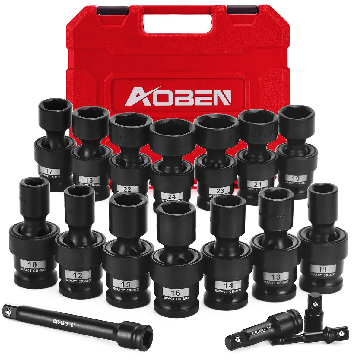 AOBEN 18-pc half-inch drive socket set laid out for quick selection.