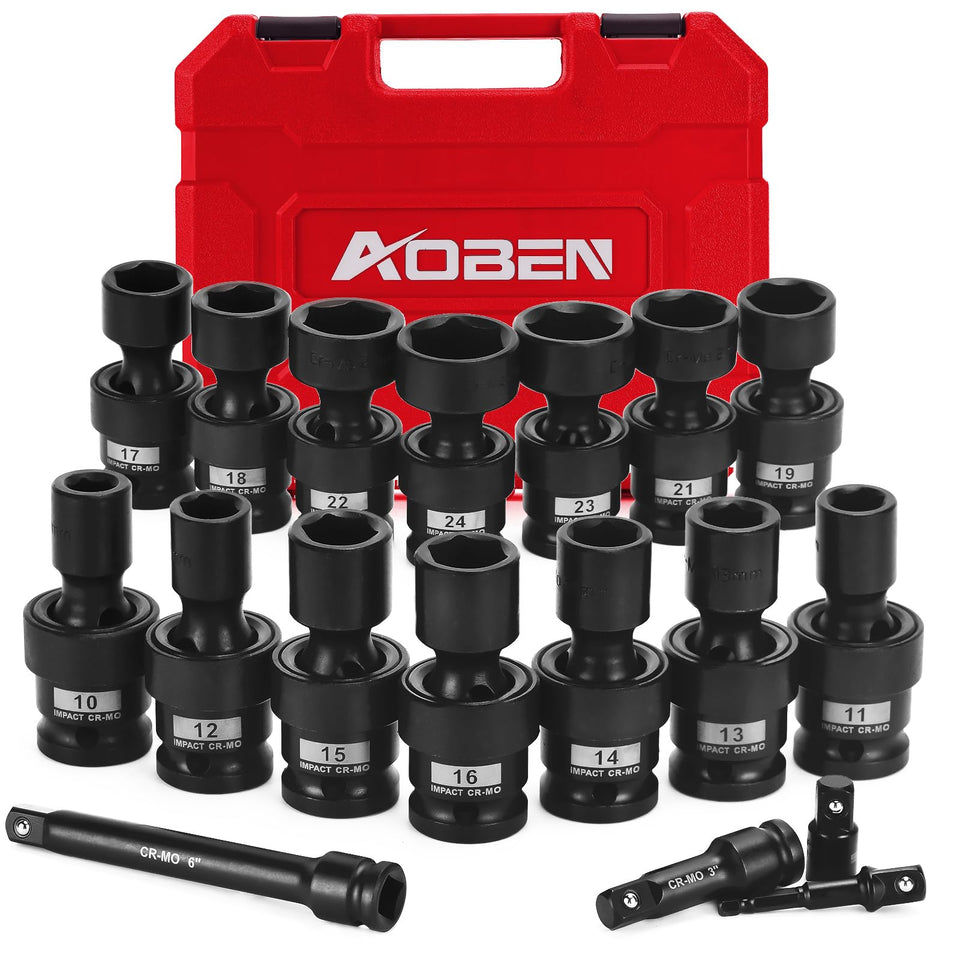 AOBEN 18-pc half-inch drive socket set laid out for quick selection.