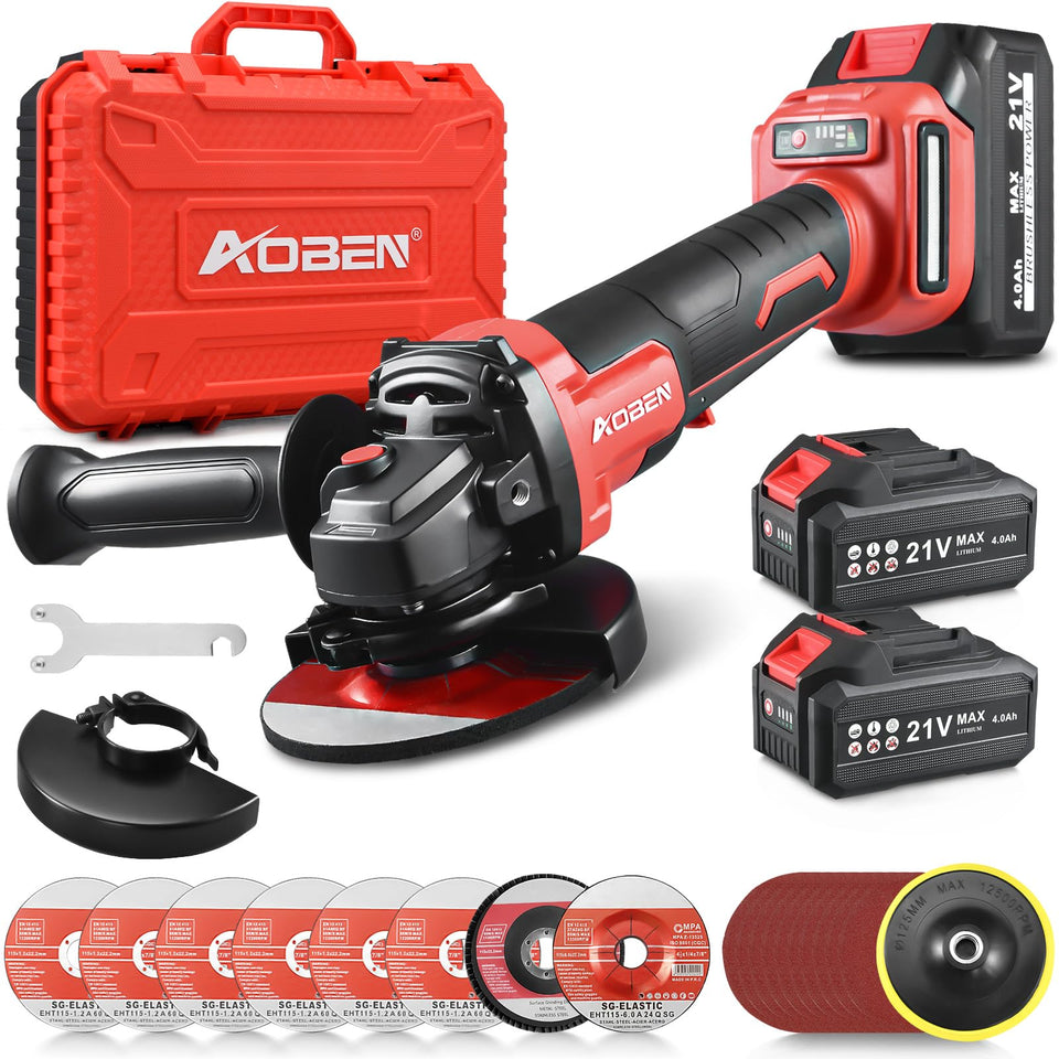 AOBEN 21V cordless angle grinder in action for metal cutting and grinding.