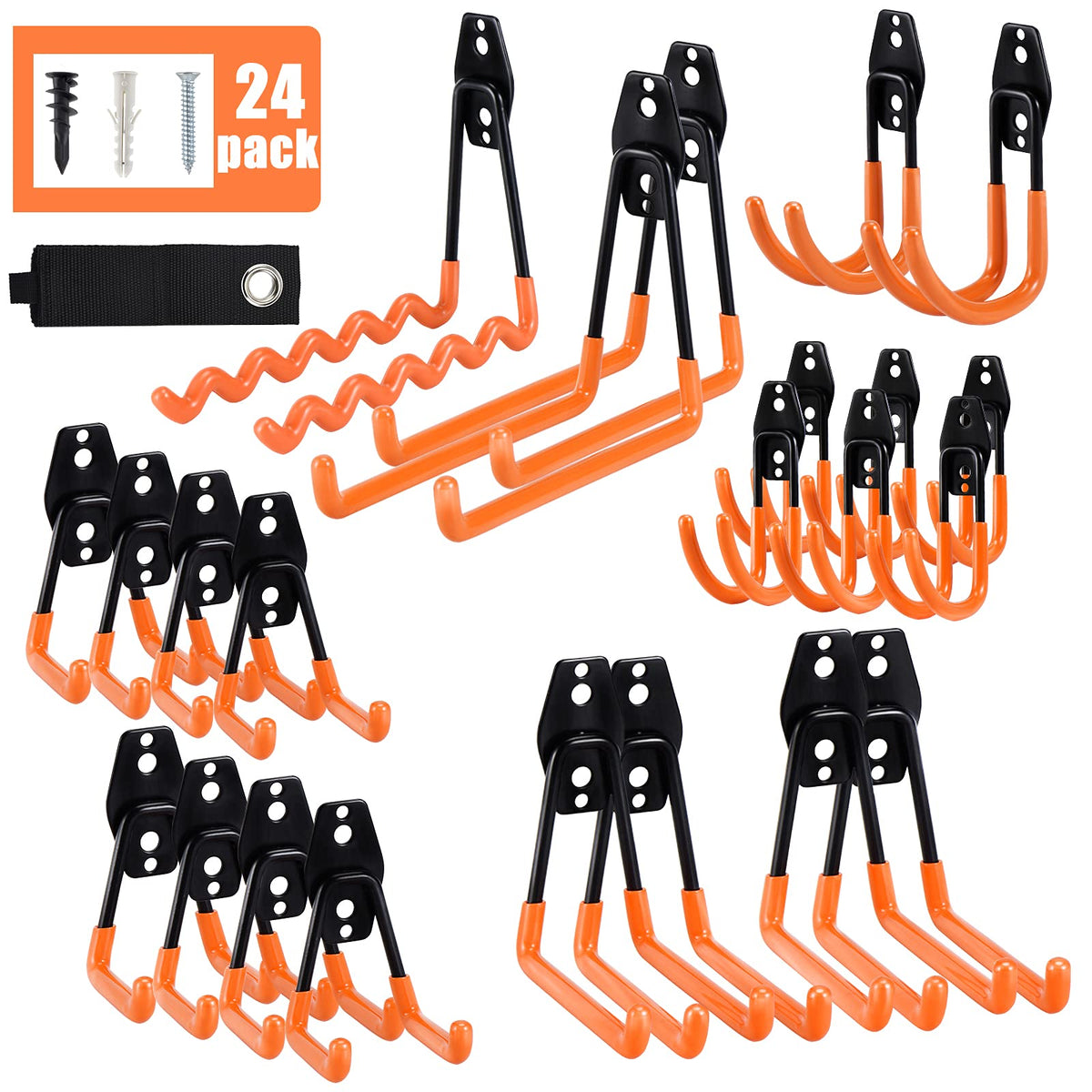 AOBEN 24-piece garage hooks on wall showing organized storage setup.