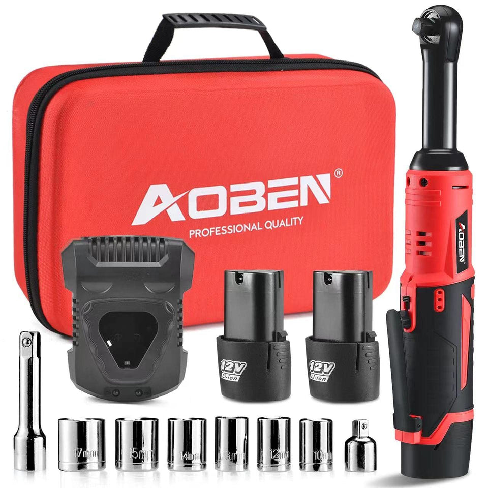 AOBEN 3/8-inch cordless ratchet with extended reach for tight spaces.