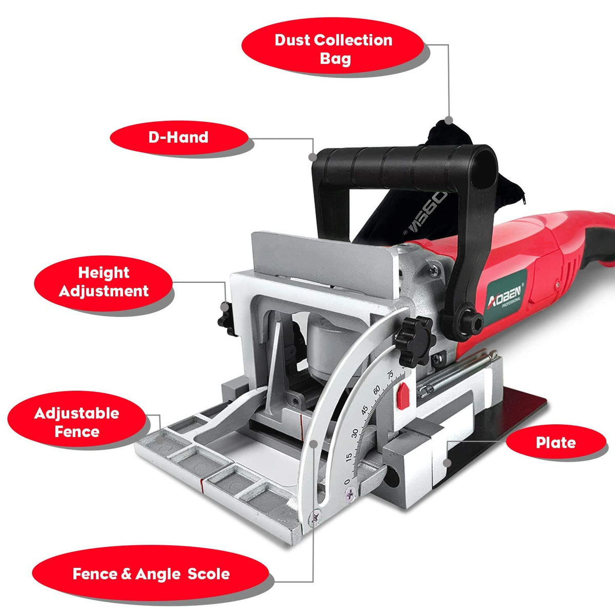 AOBEN biscuit joiner showing the adjustable tilt fence from 0° to 90° for versatile angles.