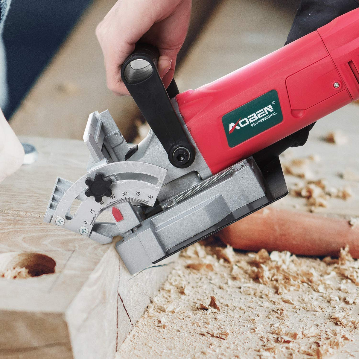 AOBEN biscuit joiner supports efficient joints using No. 0/10/20 biscuits.