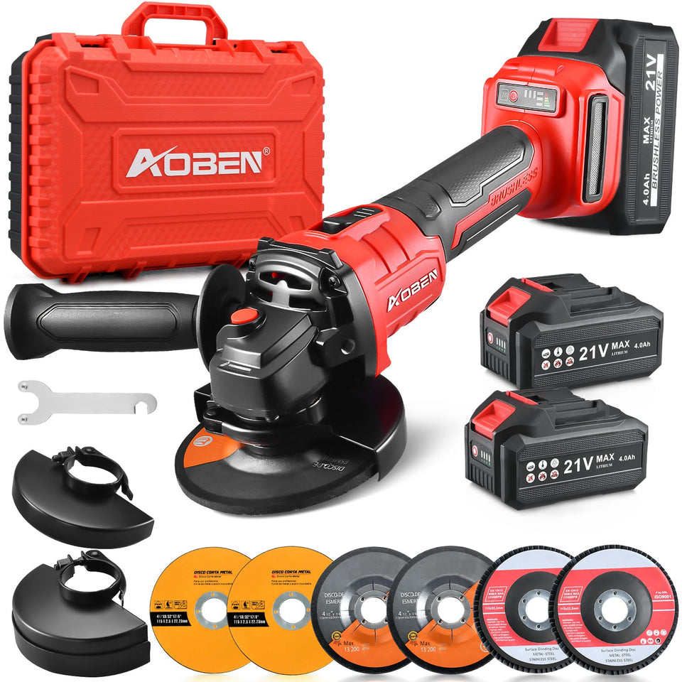 AOBEN cordless angle grinder 4-1/2 inch with brushless motor for efficient metal grinding.