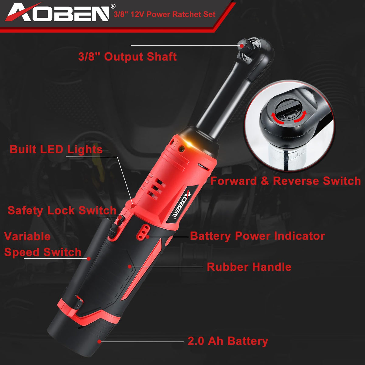 AOBEN cordless ratchet with LED light for dark work areas.