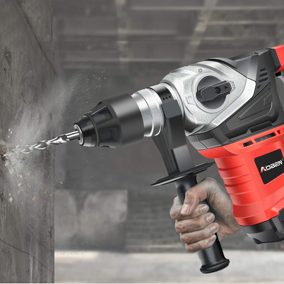 AOBEN Rotary Hammer Drill case with spare carbon brushes and lubricant for easy maintenance.