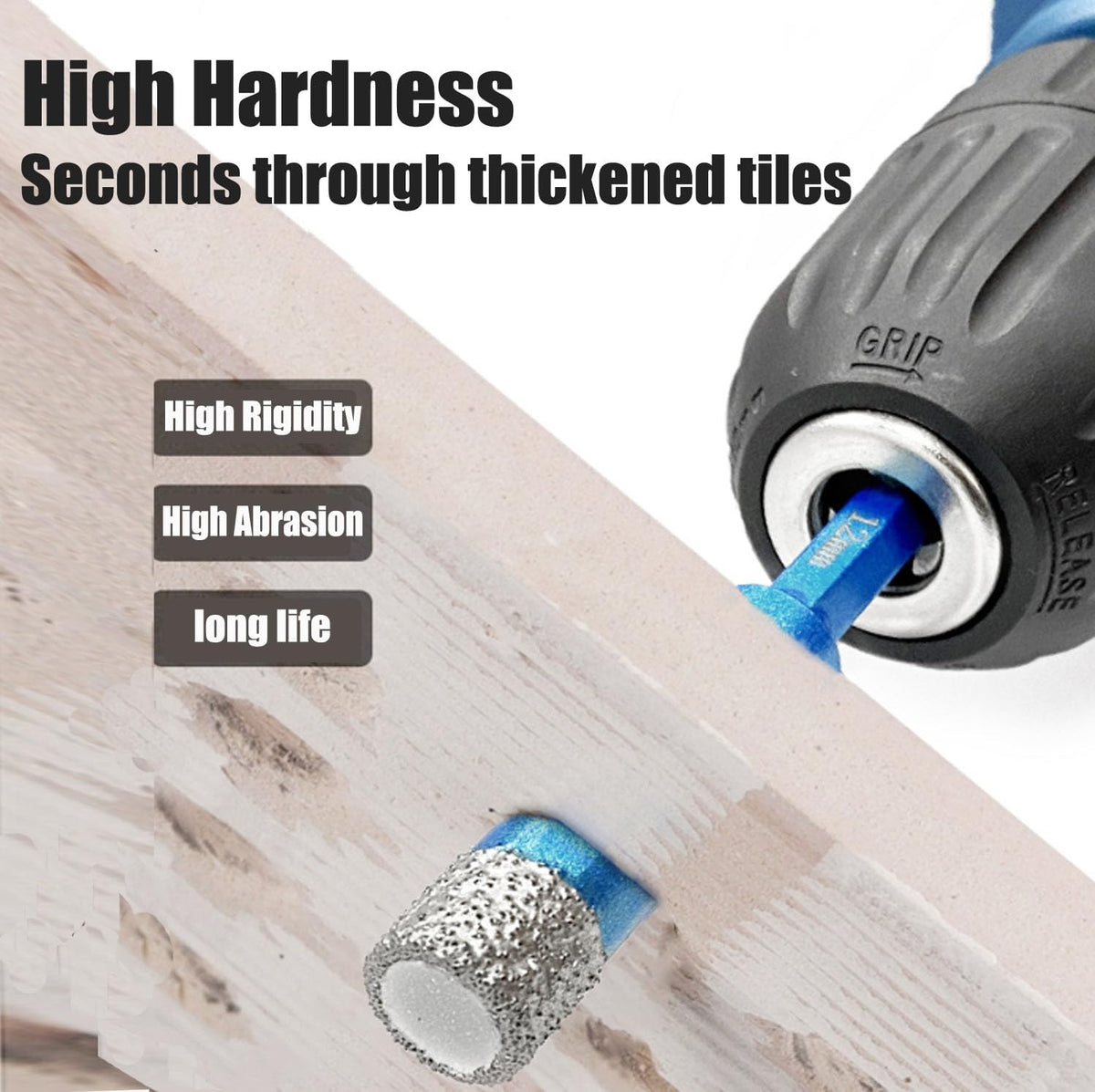 Aobvrey 12mm hole saw delivering smooth cuts through porcelain and stone.