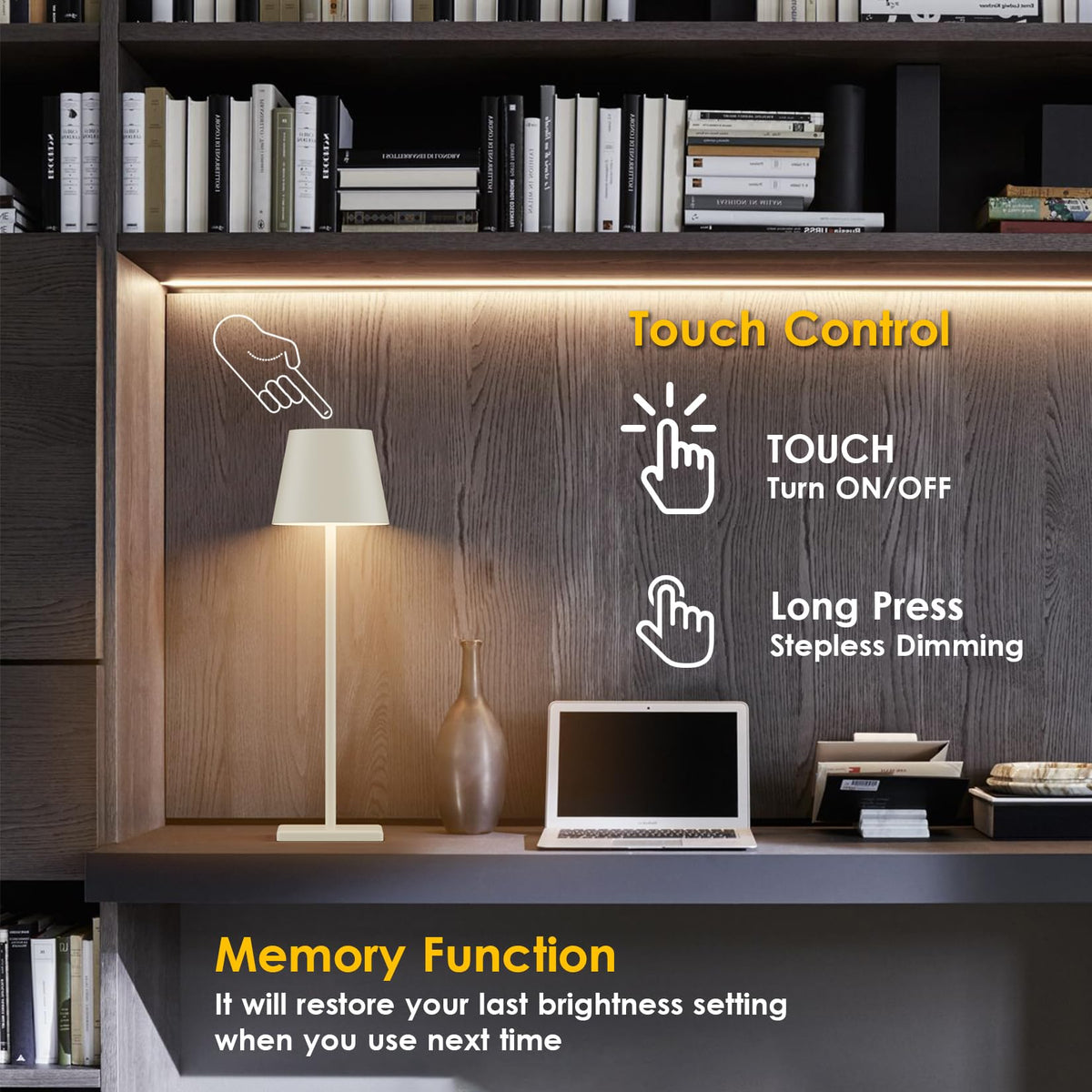 Aoceley 2-pack cordless table lamp dimmed warm white glow for ambiance.