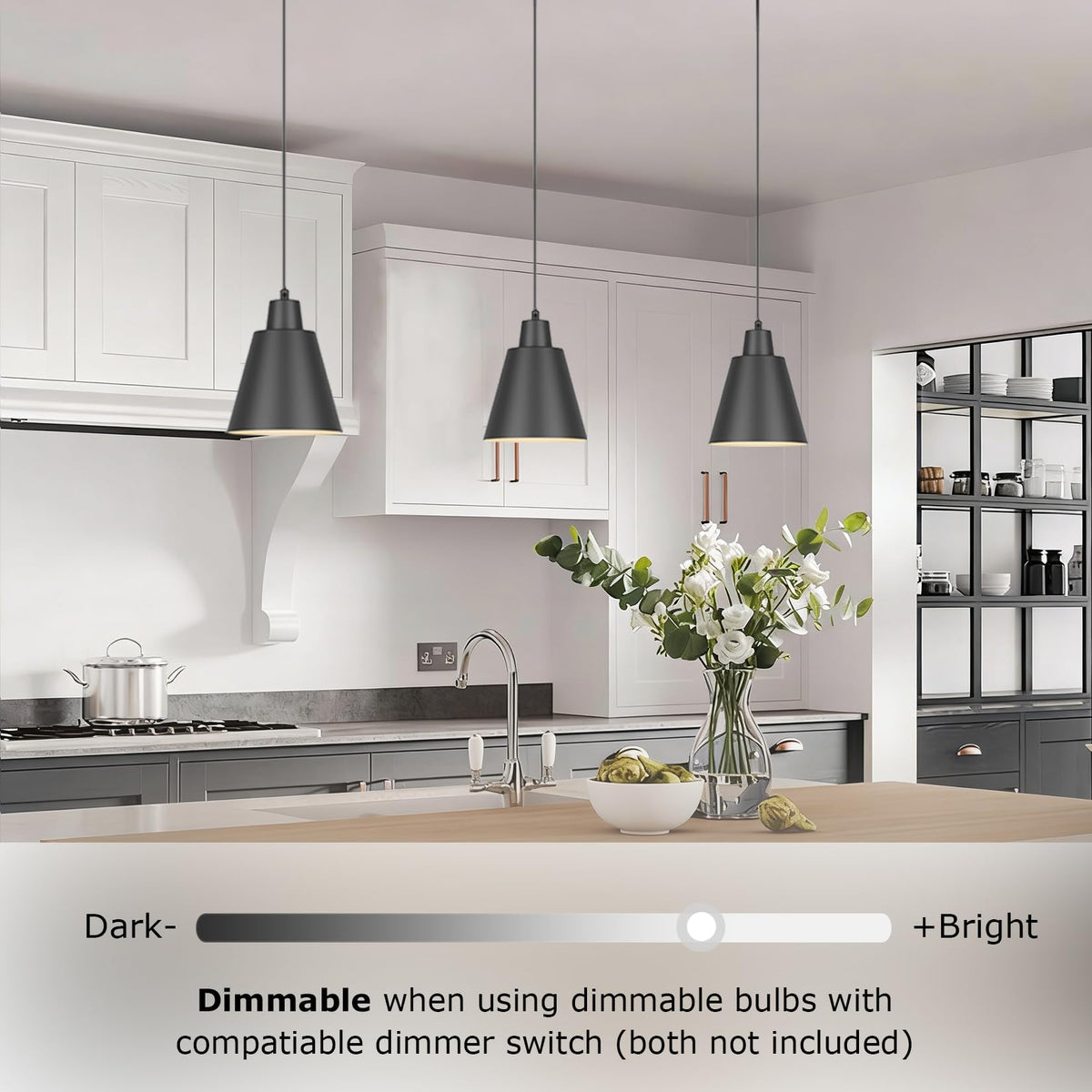 Aoceley kitchen island light with black metal shade enhances farmhouse style.