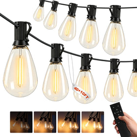 AODLEDY 50ft outdoor string lights illuminate a patio with a warm, inviting glow