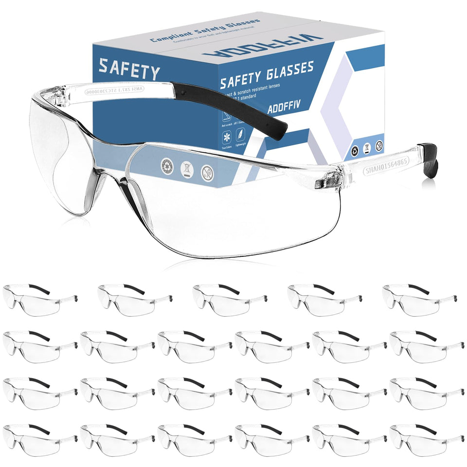 AOOFFIV 24-pack safety glasses with clear lenses for crisp visibility and bulk use