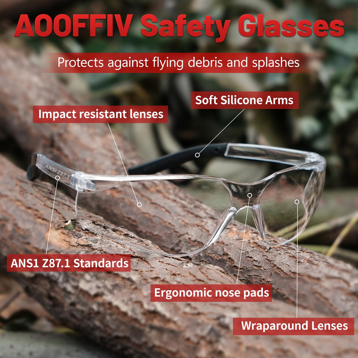 AOOFFIV safety glasses with clear lens for enhanced visibility and scratch resistance.