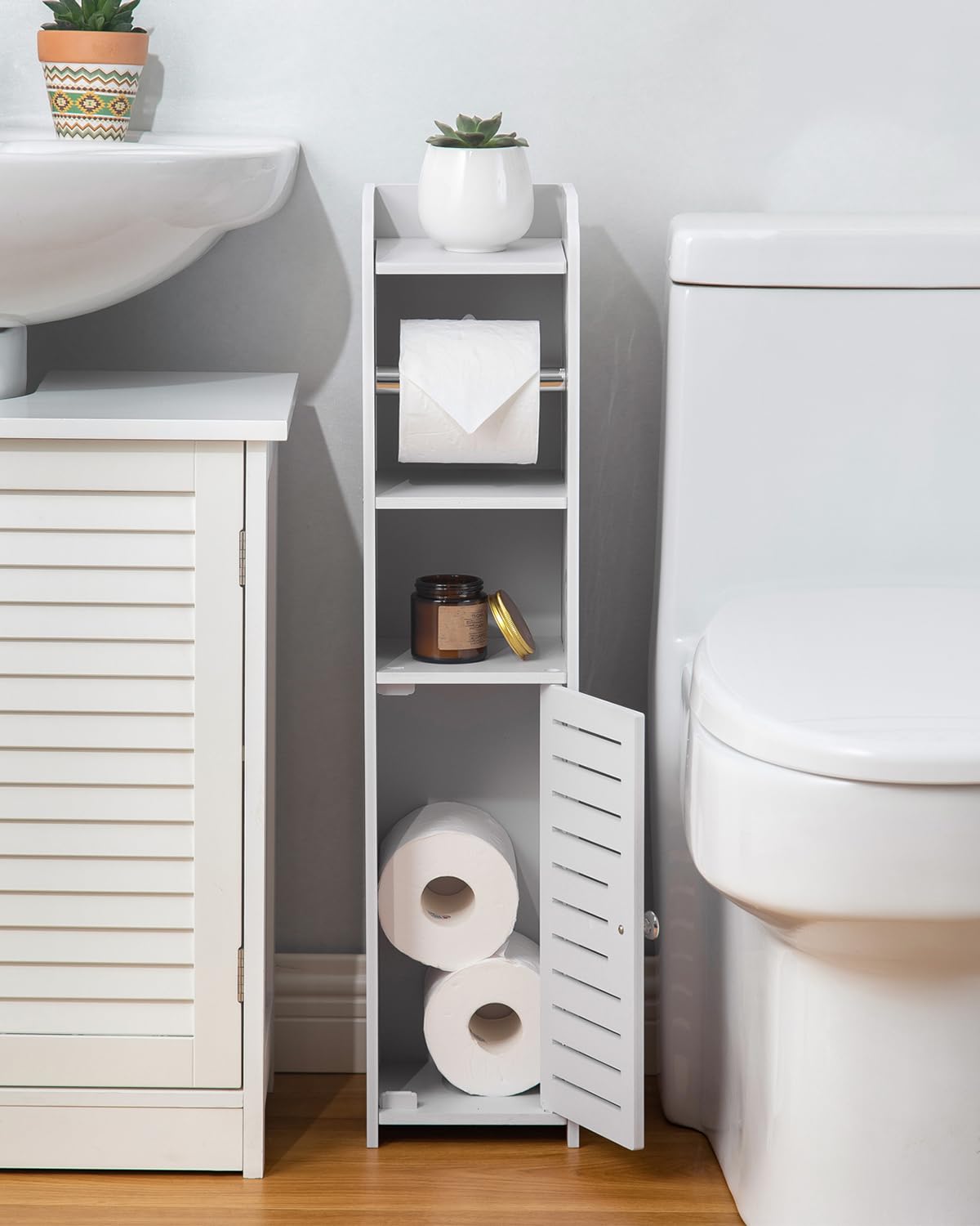 AOJEZOR freestanding toilet paper stand highlights easy relocation and space-saving layout.