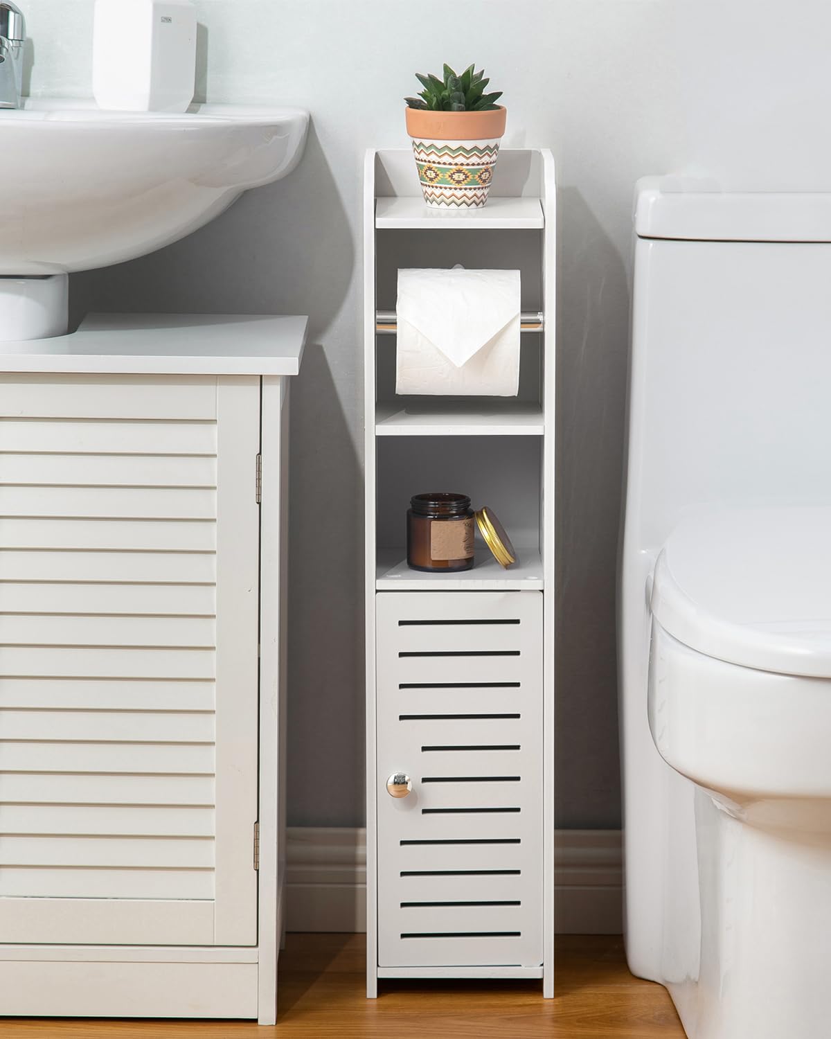 AOJEZOR PVC small bathroom cabinet showcases compact design with organized shelves for essentials.