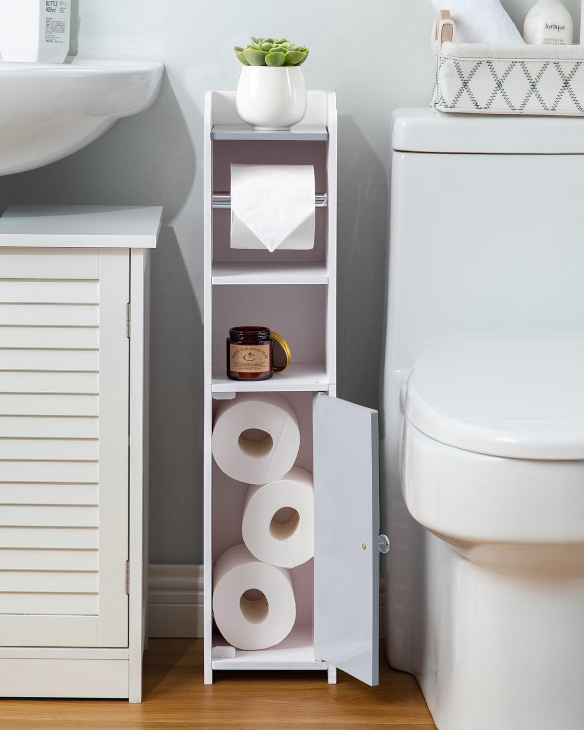 AOJEZOR toilet paper holder stand with slatted design improves airflow around stored items.