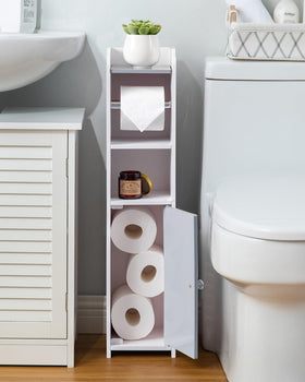 AOJEZOR toilet paper holder stand with slatted design improves airflow around stored items.