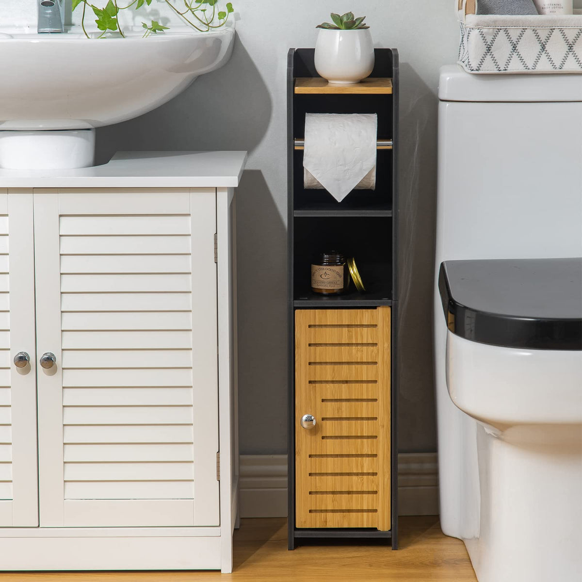 AOJEZOR slim bathroom cabinet hidden-storage helps declutter countertops