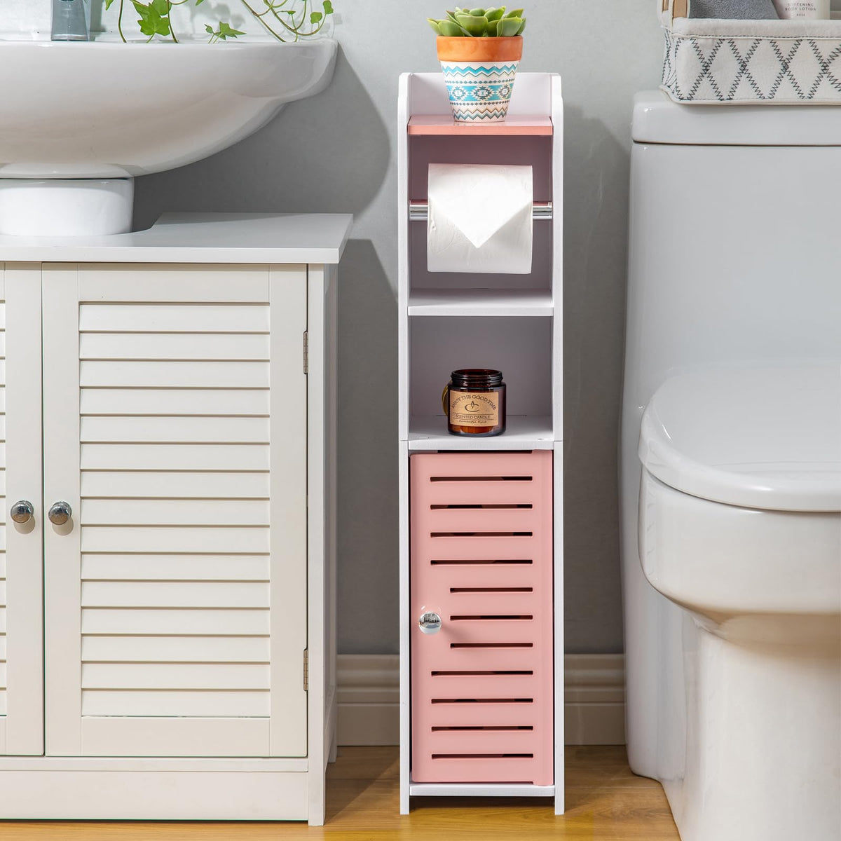 AOJEZOR small bathroom storage cabinet with three shelves and shutter door