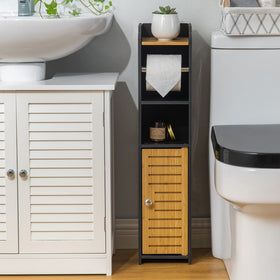 AOJEZOR toilet-paper-holder-stand small-bathroom storage black bamboo for compact organization