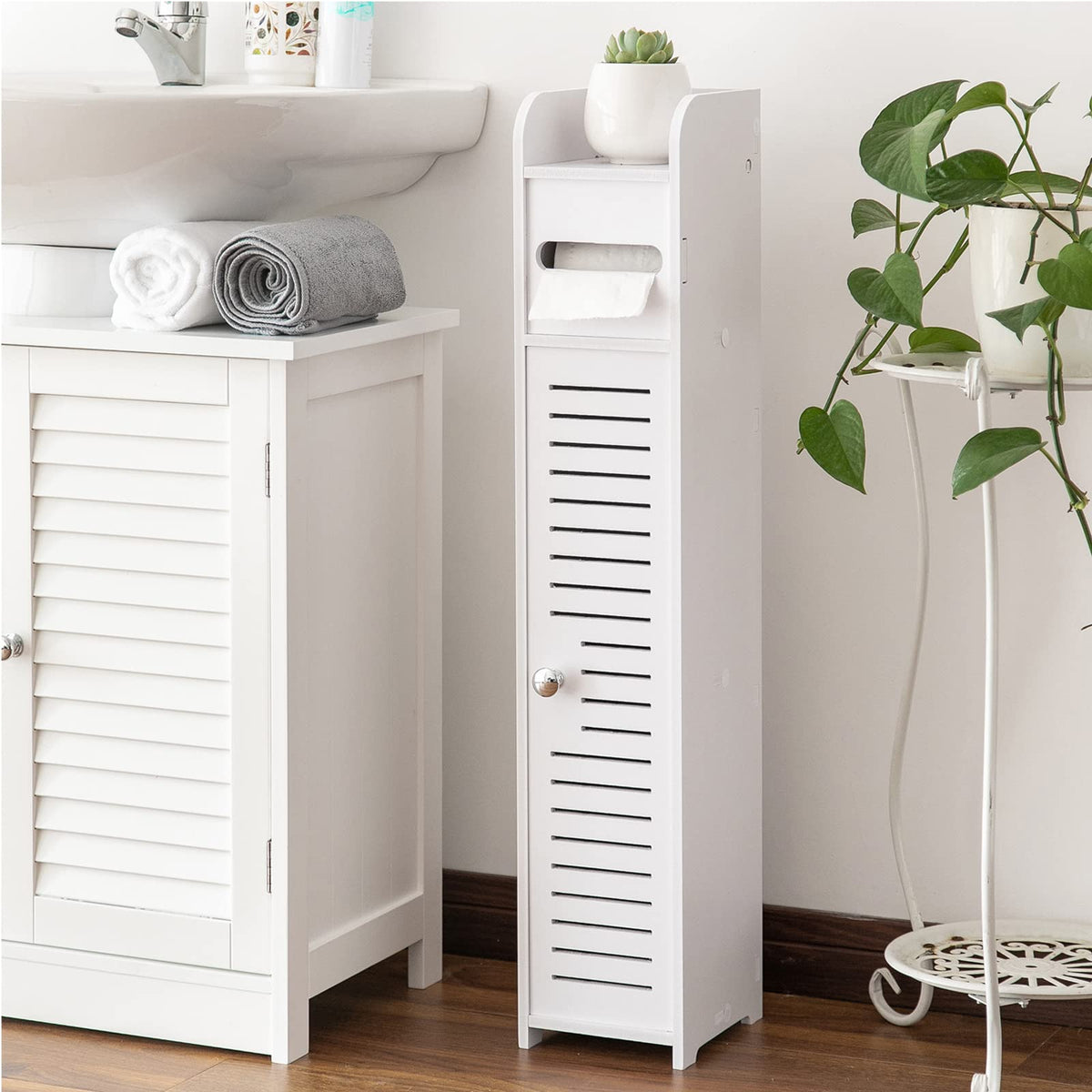 AOJEZOR toilet paper holder stand shows compact slim design for small spaces