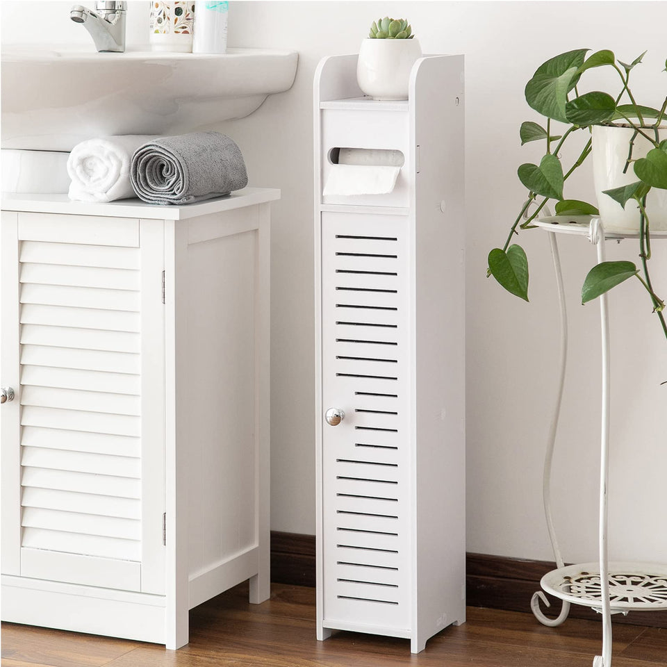 AOJEZOR toilet paper holder stand shows compact slim design for small spaces