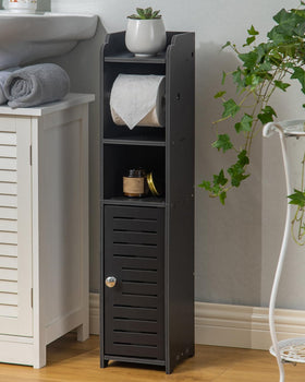 AOJEZOR toilet paper stand in a narrow bathroom, ideal for renters.