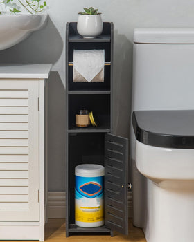AOJEZOR toilet paper stand top shelf stores glasses and small items.