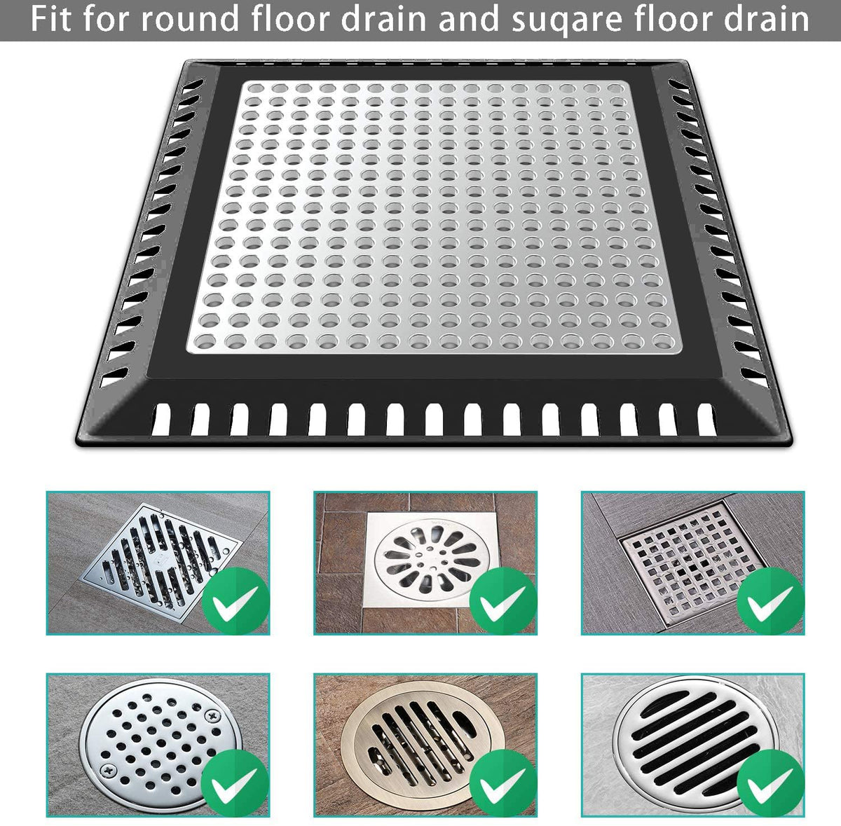 Aojuxix fits drains up to 6.1 inches, covering square and round flat drains.