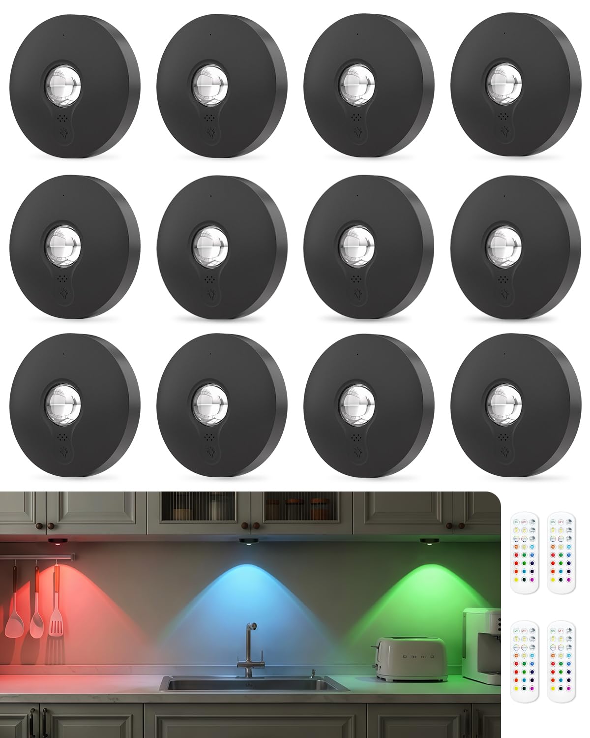 Aokpsrt rechargeable RGB puck light on a kitchen cabinet, brightening workspace.