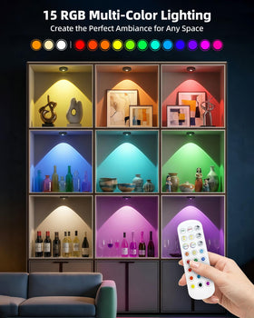 Aokpsrt puck light remote control in use for dimming and color change.