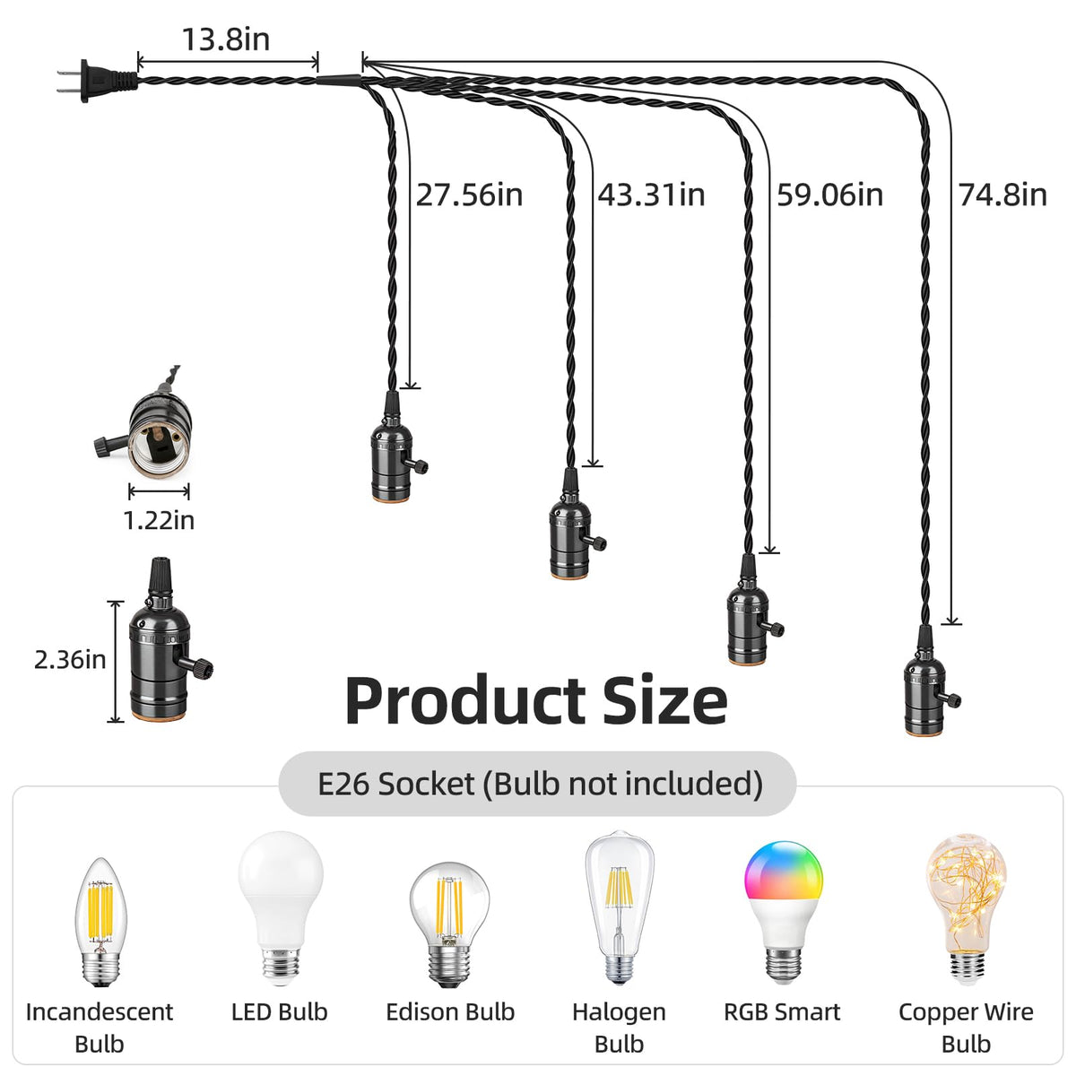 Aokpsrt pendant light showing bulb compatibility with LED/CFL/incandescent sockets.