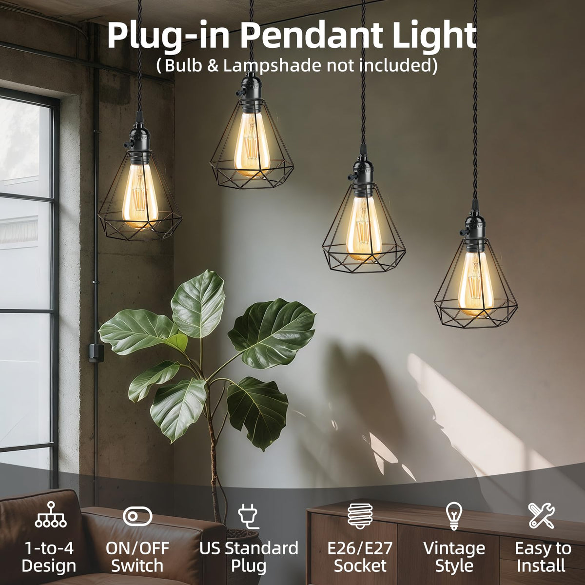 Aokpsrt vintage plug-in pendant light with cord lengths on display for flexible layout.