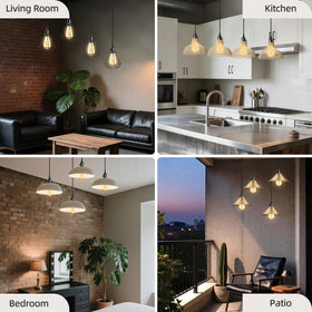 Aokpsrt living room setup using vintage plug-in pendant lights.