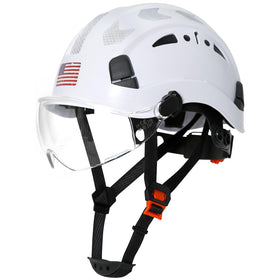 Aolamegs hard hat with visor for debris protection on site.