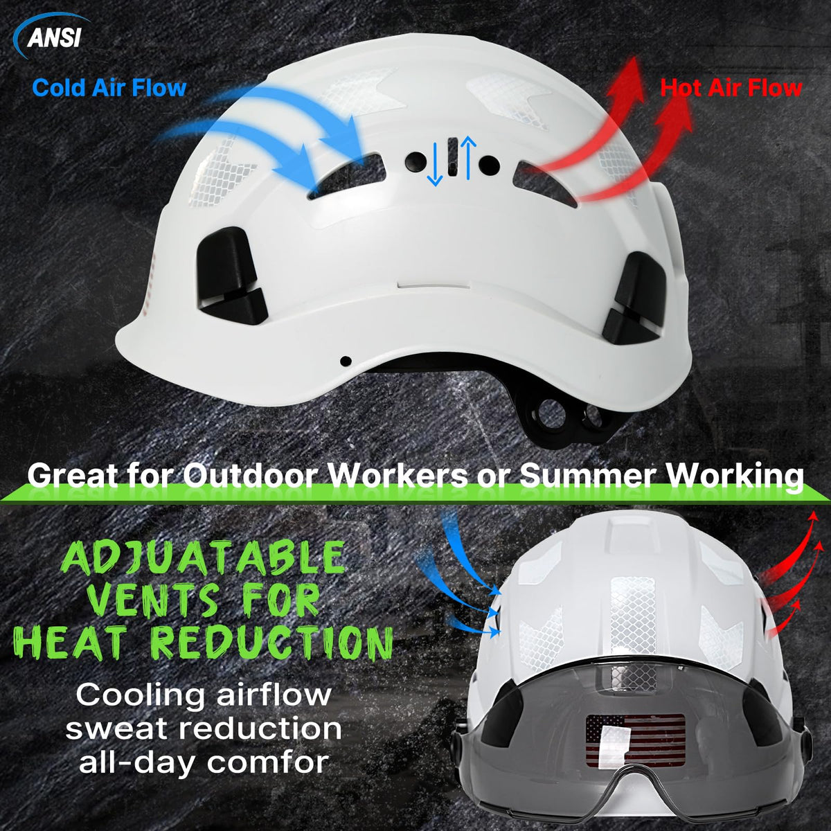 Aolamegs white hard hat with reflective stickers improves visibility.