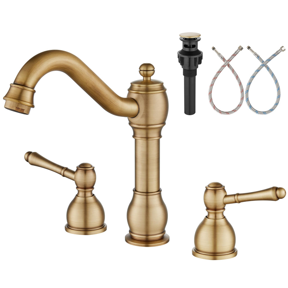 Aolemi 8-inch widespread faucet in antique brass for a timeless bathroom upgrade.